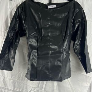 Uoozee Black Faux Leather Top Long Sleeve Vegan Leather Blouse NWT
